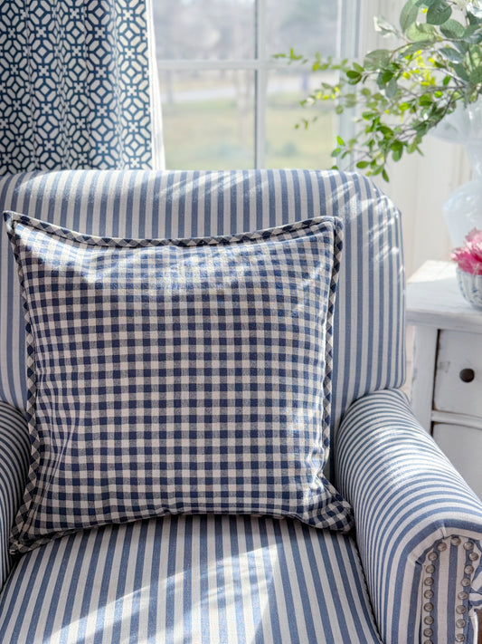 Blue and White Checked Pillow Cover