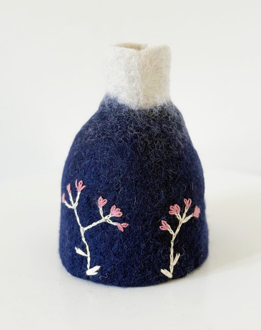 Felted Wood Vase Navy With Pink Embroidered Flowers