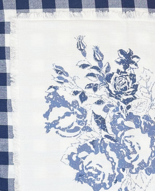 Blue and White Checked Pillow Cover With Flowers