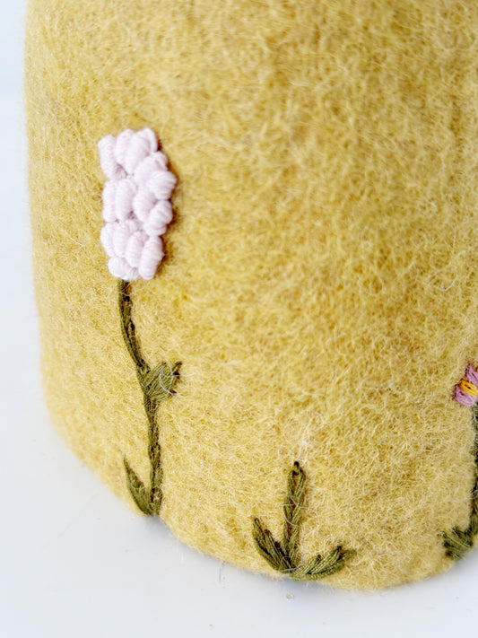 Felted Wood Vase Yellow With Pink Embroidered Flowers