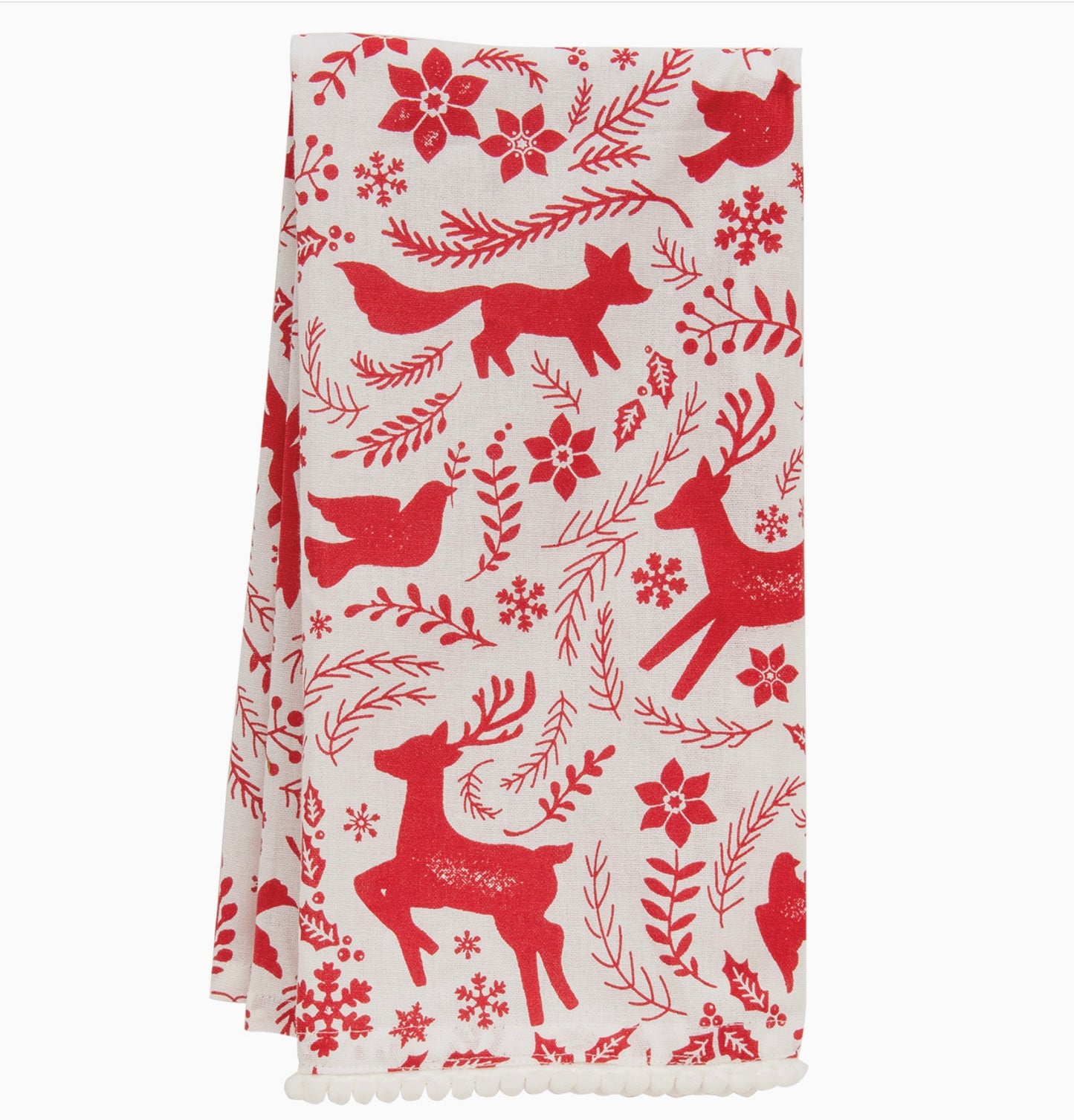 Yuletide Forest & Floral Dish Towel With Pom Pom Trim