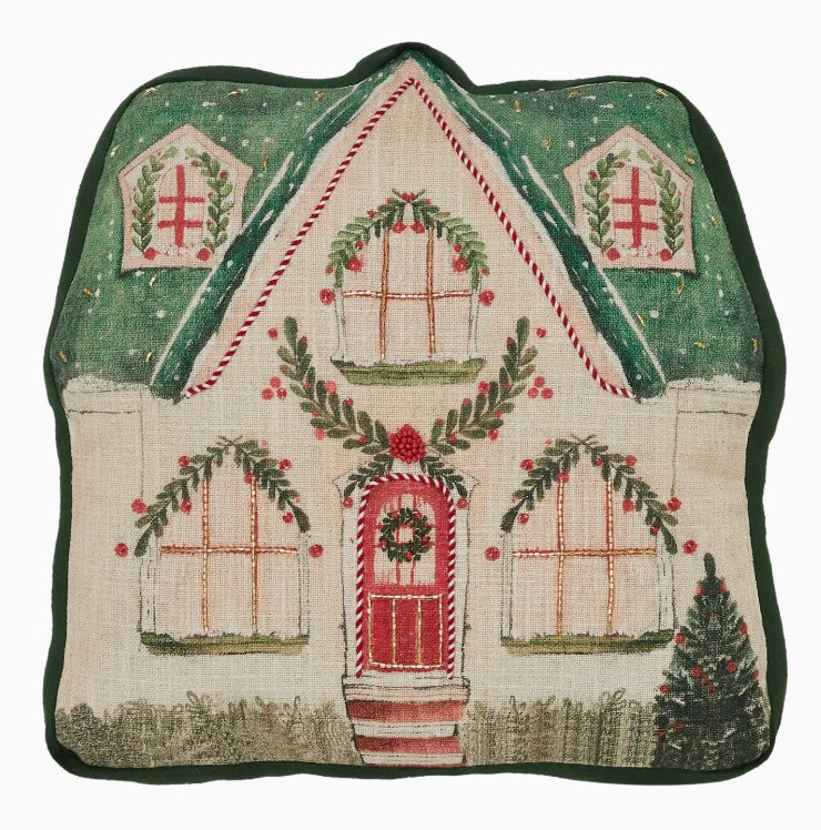 Vintage Christmas Cottage Pillow With Beading