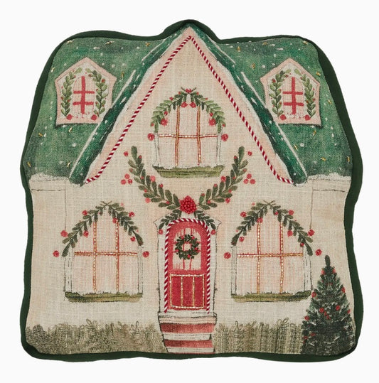 Vintage Christmas Cottage Pillow With Beading