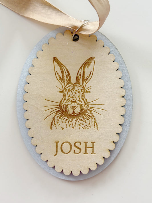 Personalized Scalloped Wood Egg Tag Blue