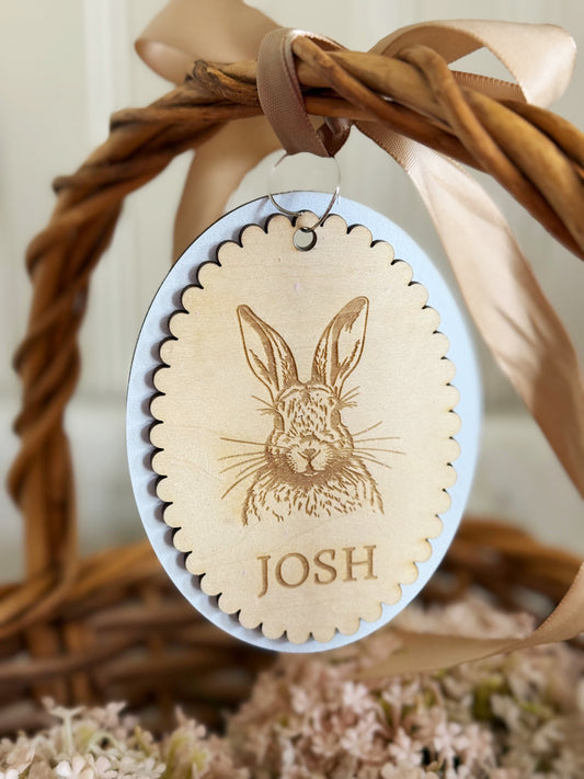 Personalized Scalloped Wood Egg Tag Blue