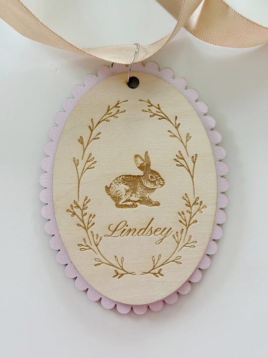 Personalized Scalloped Wood Egg Tag Pink