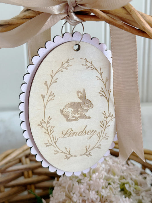Personalized Scalloped Wood Egg Tag Pink