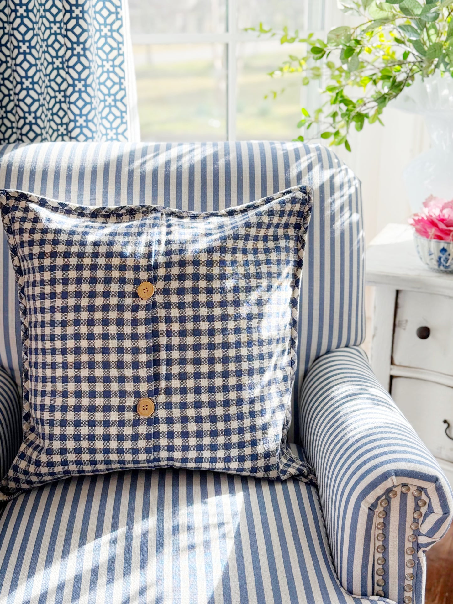 Blue and White Checked Pillow Cover