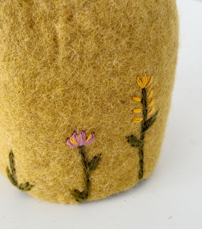 Felted Wood Vase Yellow With Pink Embroidered Flowers