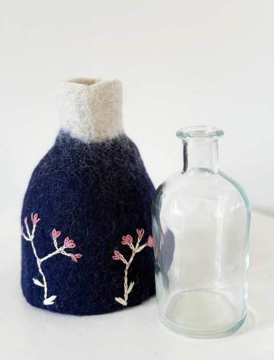 Felted Wood Vase Navy With Pink Embroidered Flowers