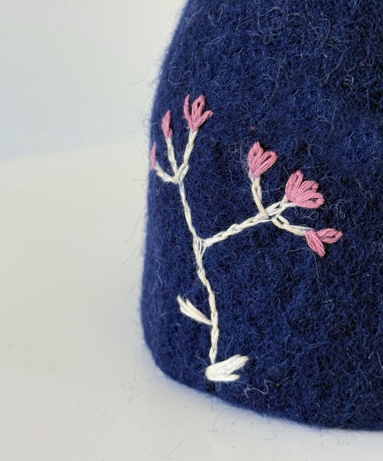 Felted Wood Vase Navy With Pink Embroidered Flowers