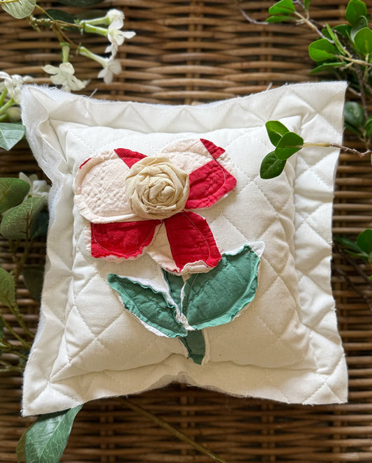 Quilted Red and Cream Flower Pillow