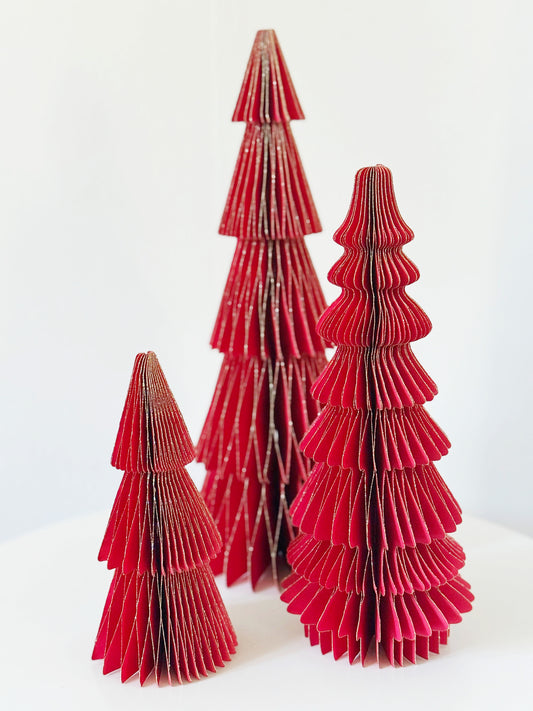 Set of Three Red Honeycomb Folding Paper Trees