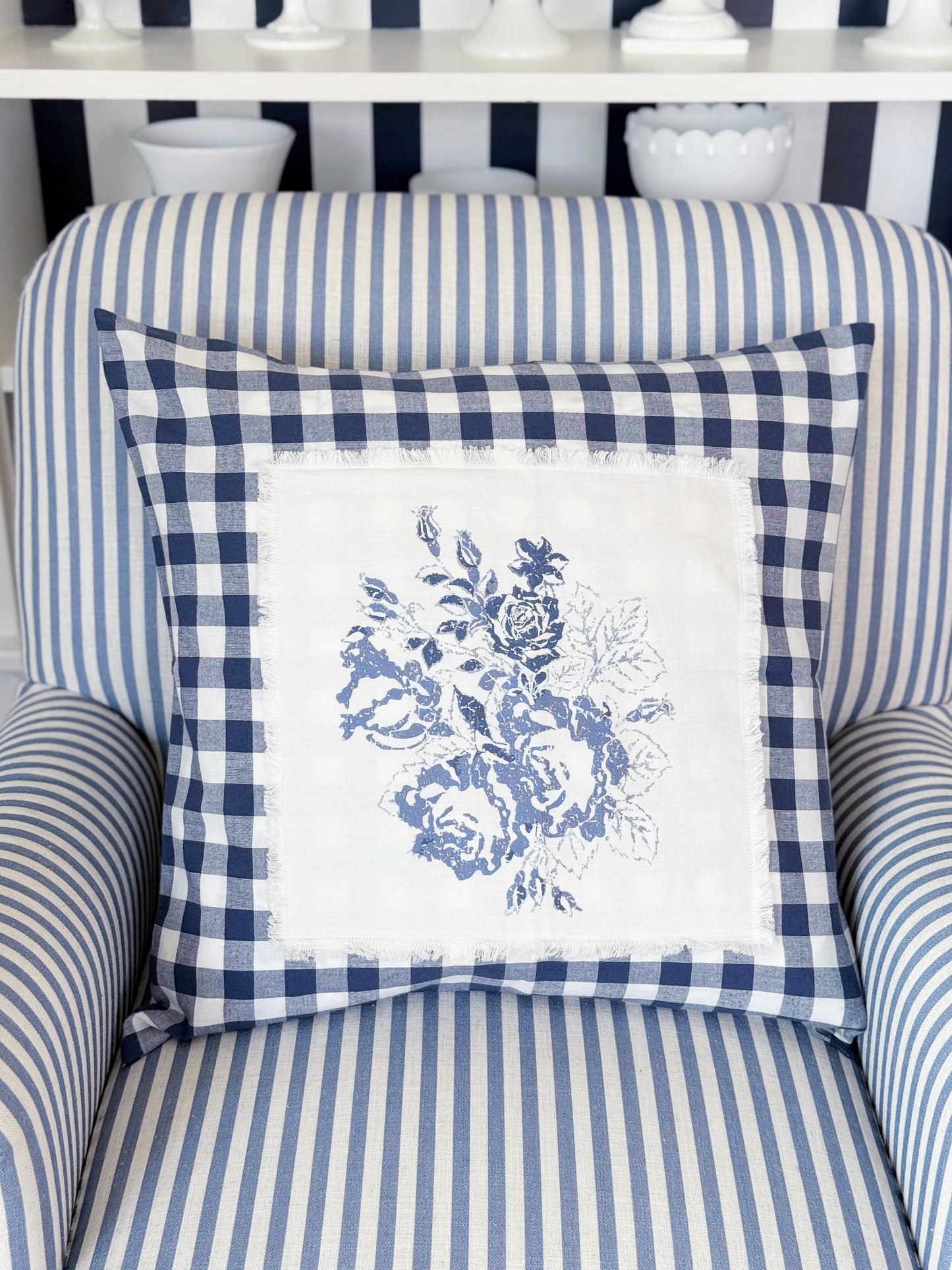 Blue and White Checked Pillow Cover With Flowers