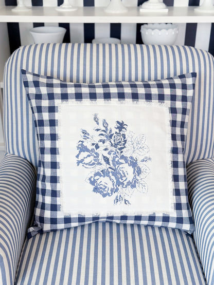 Blue and White Checked Pillow Cover With Flowers