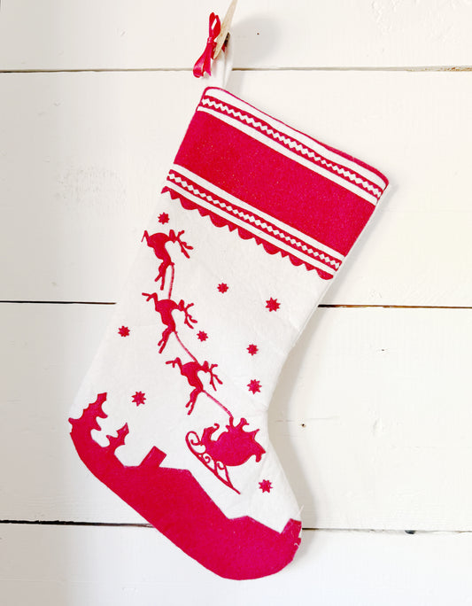 Vintage White Santa and Sleigh Stocking