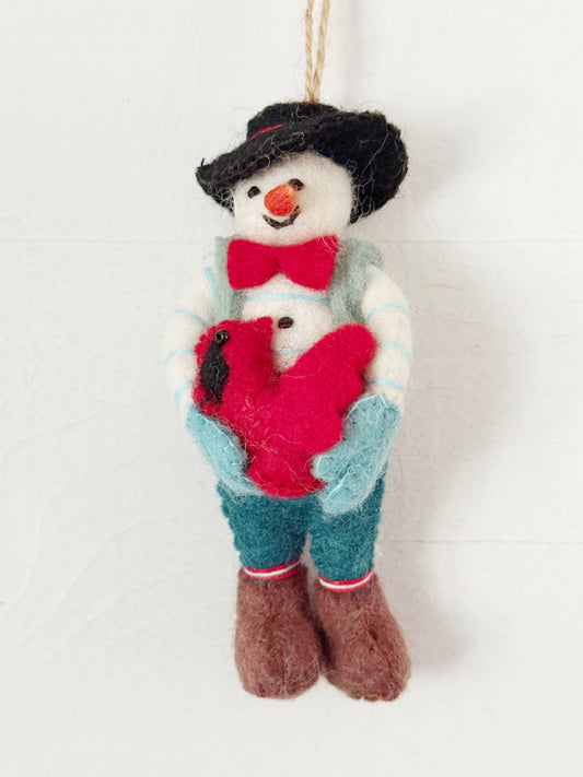 Felted Snowman Ornament With Bird