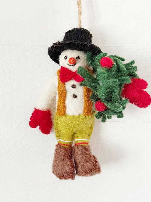 Felted Snowman Ornament With Wreath