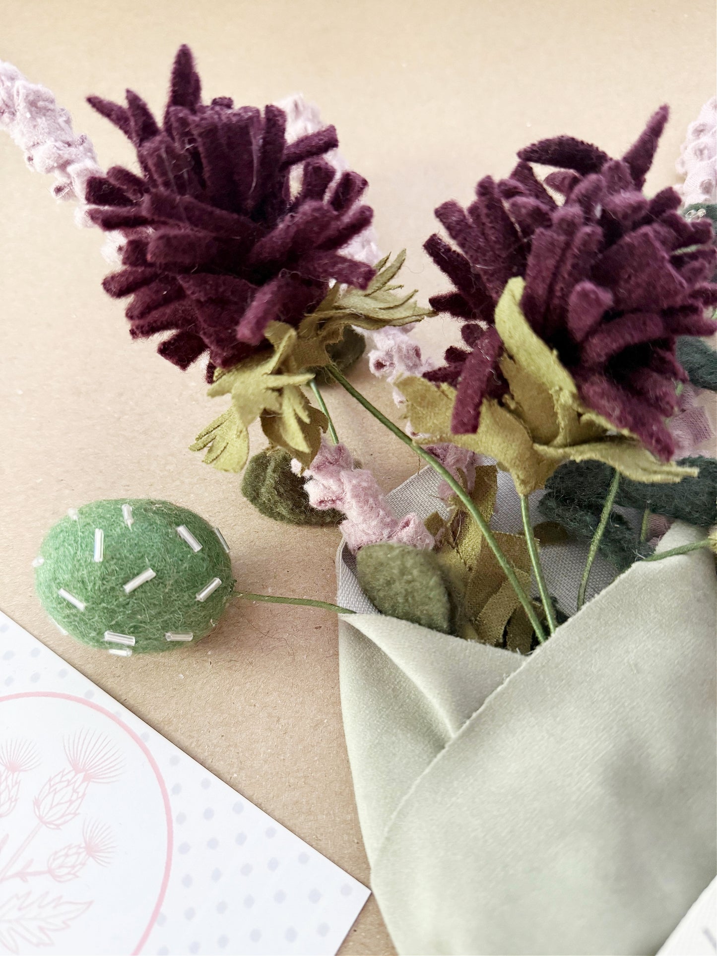 Handmade Thistle and Eucalyptus Bouquet in Wool and Felt