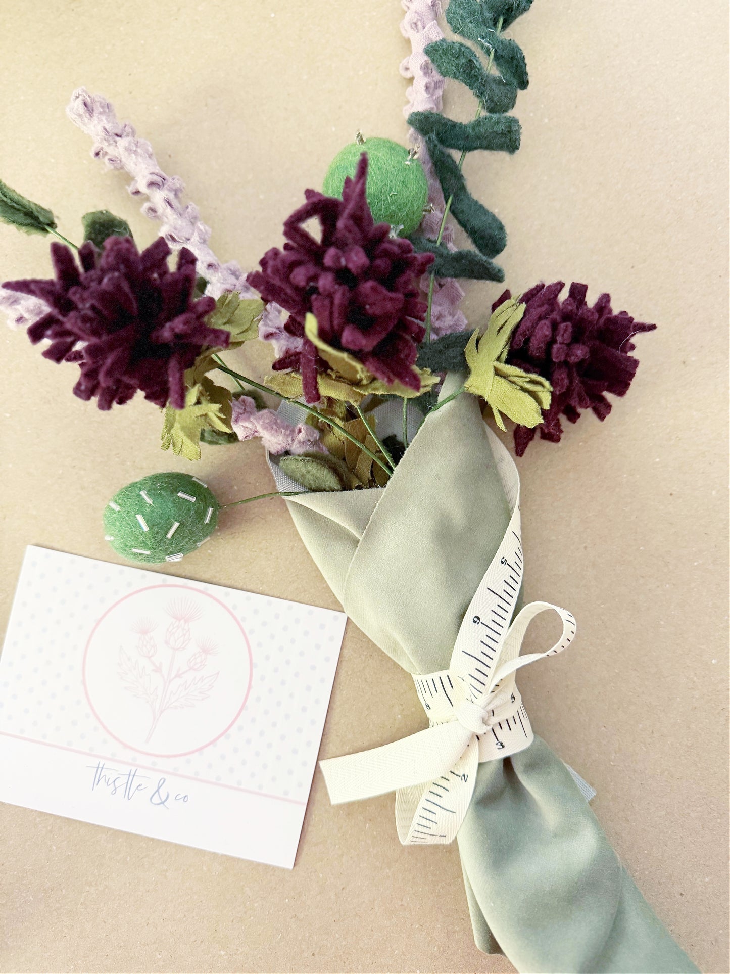 Handmade Thistle and Eucalyptus Bouquet in Wool and Felt
