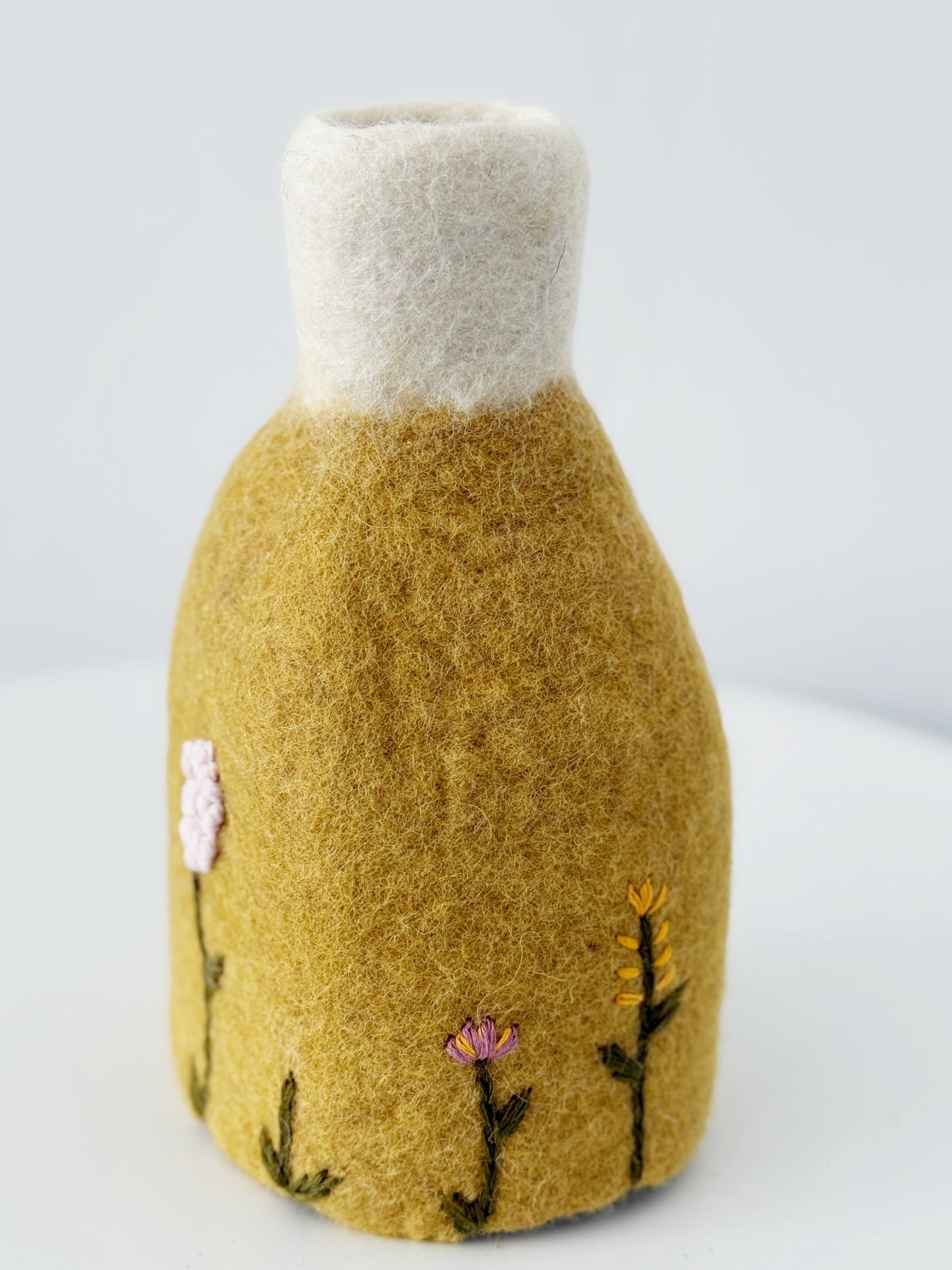 Felted Wood Vase Yellow With Pink Embroidered Flowers